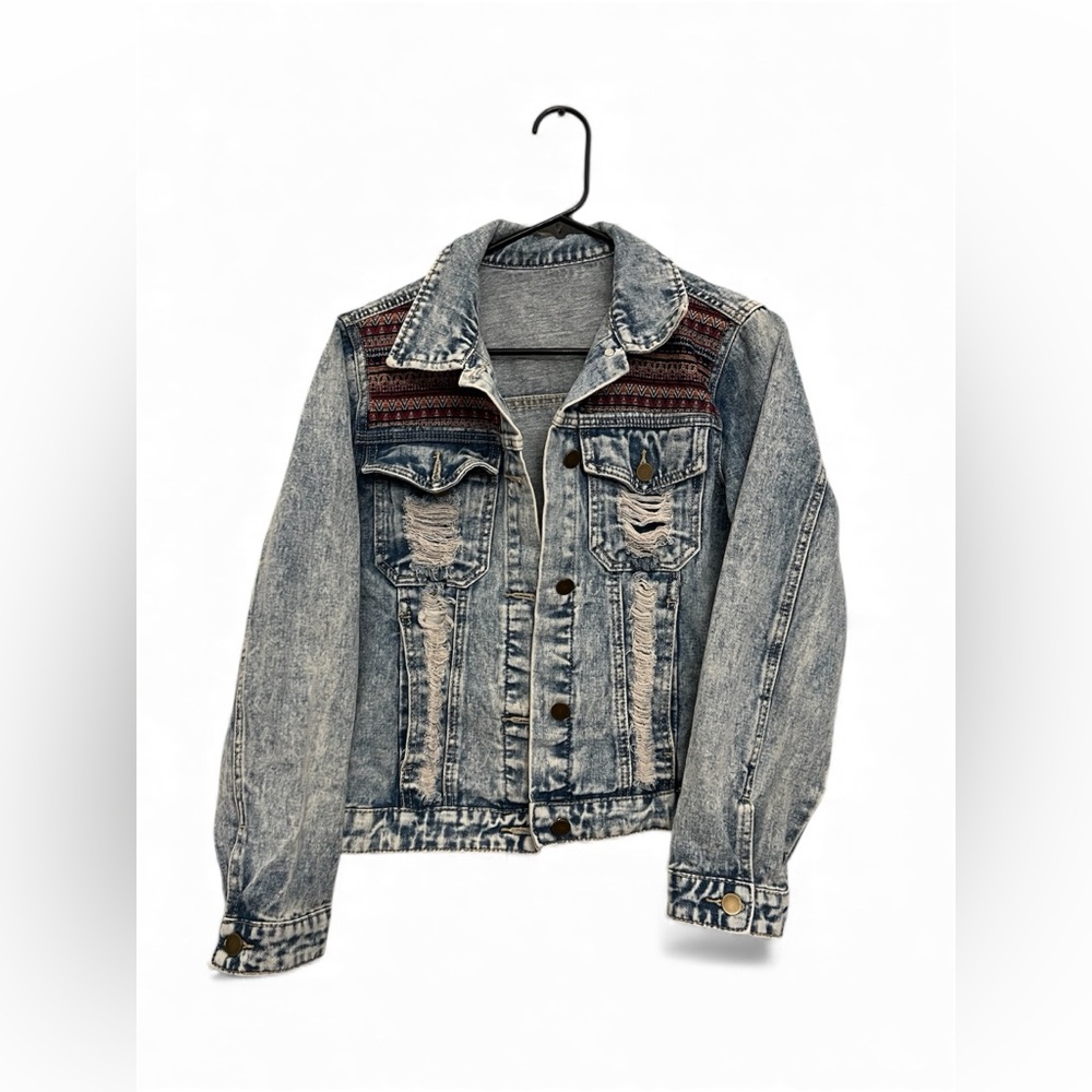 Patchwork Distressed Denim Jacket Size Small - Picture 1 of 5